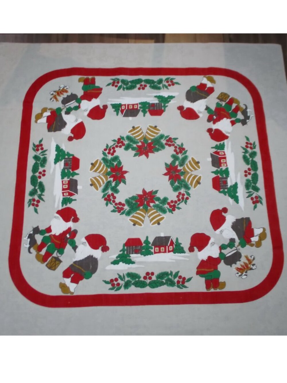 Vtg Christmas Tablecloth Elves Bells Poinsettias Linen, 23.5 in. Square